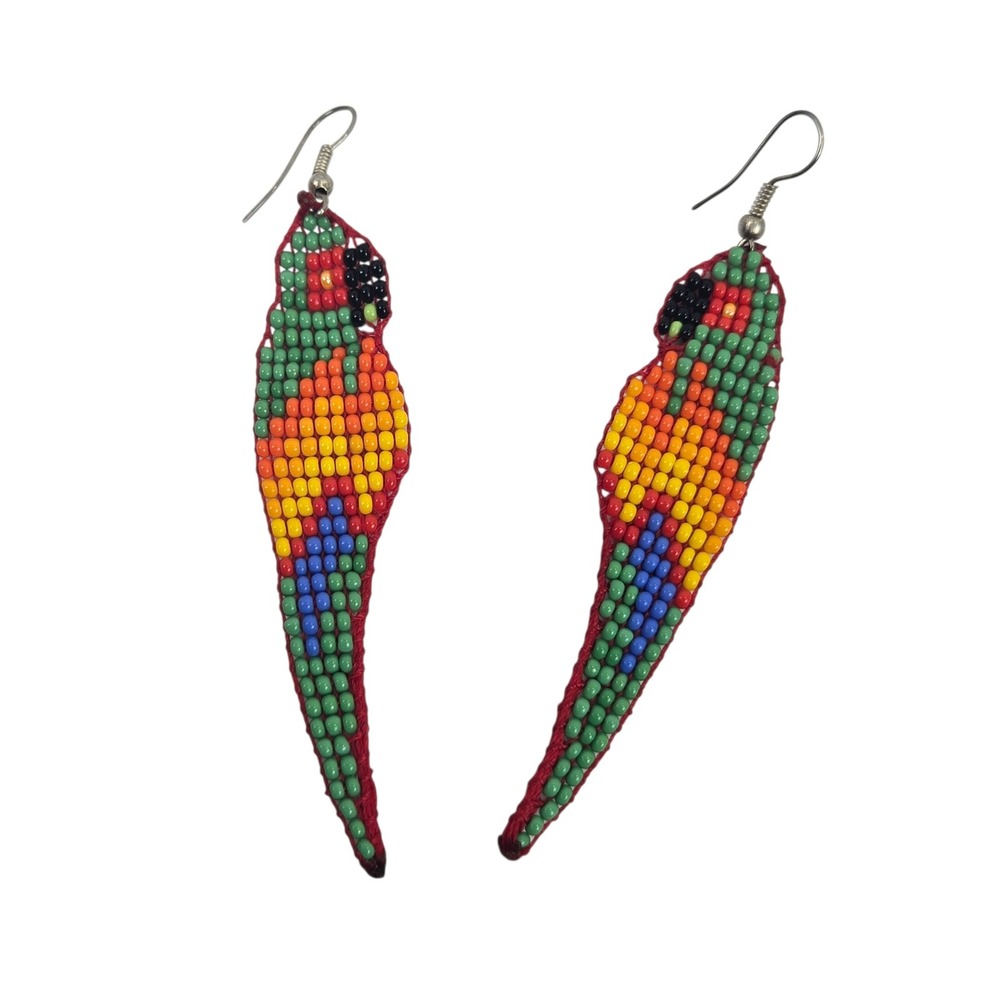 Fosterie‎ Red Parrot Seed Beaded Dangle Earrings Colombia Handmade Scarlet Macaw